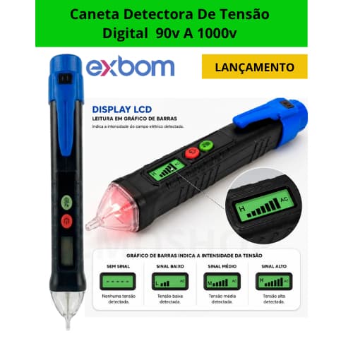 Caneta Tensão Digital LED Sem Contato AC Detector Indutivo Azul 12V a 1000V CAT III Exbom