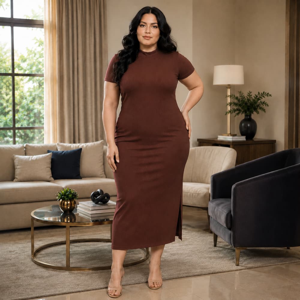 Vestido Plus Size Midi Canelado Manga Curta Feminino