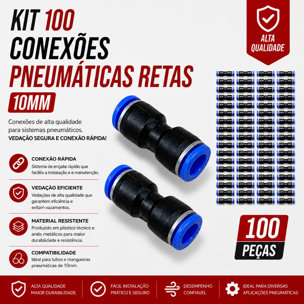 100 Conexões 10mm União Engate Rápido Emenda Reta Pneumática Para Tubo Nylon