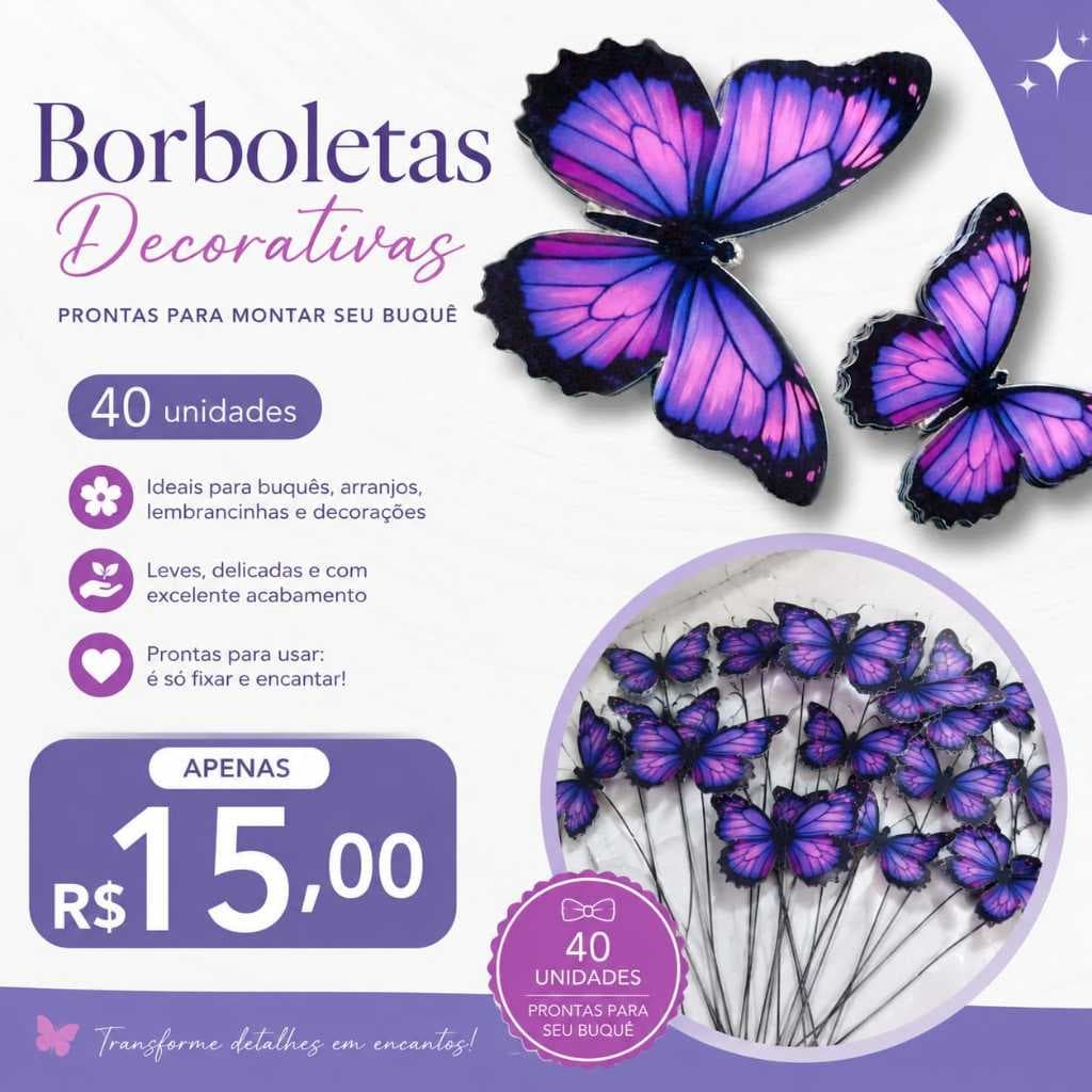 Borboletas Decorativas para Buquê – Kit 40 Unidades | Alta Qualidade | já vão recortadas