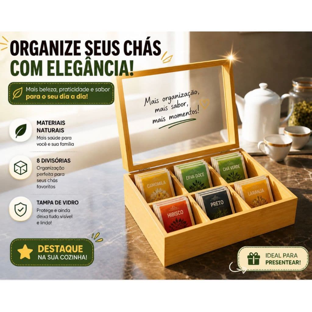 Caixa Organizadora De Chás em Bambu/MDF Porta Sachês 6 Divisórias Especiarias Artesanato Bijuterias