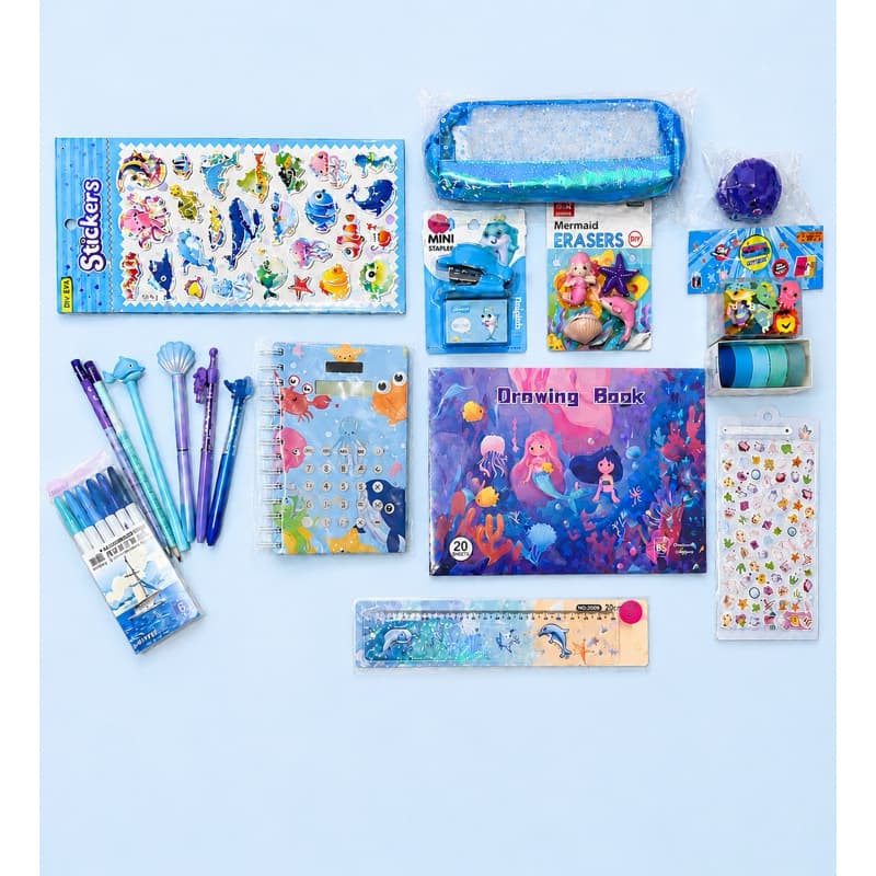 Kit Papelaria Fofa Completo 20 Itens Escolar Caderno Estojo Canetas Presente Menina Fundo do Mar