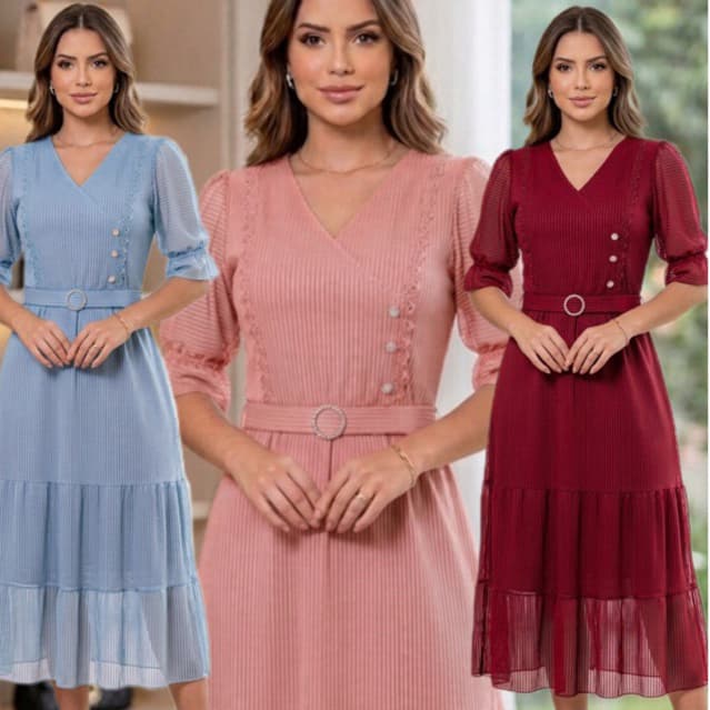 Vestido Midi Tule listra com Botões – Feminino Elegante para Culto,Eventos, moda feminina,com cinto