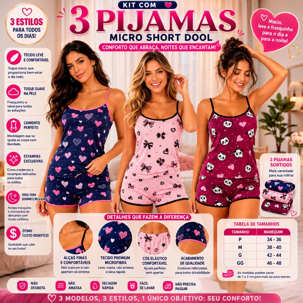 KIT 3 Pijama Short Dool Baby MICRO Adulto Sortidos
