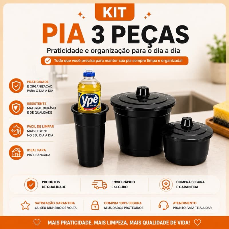 Kit Organizador De Pia Preto 3 Peças Lixeira Porta Detergente Porta Esponja Cozinha
