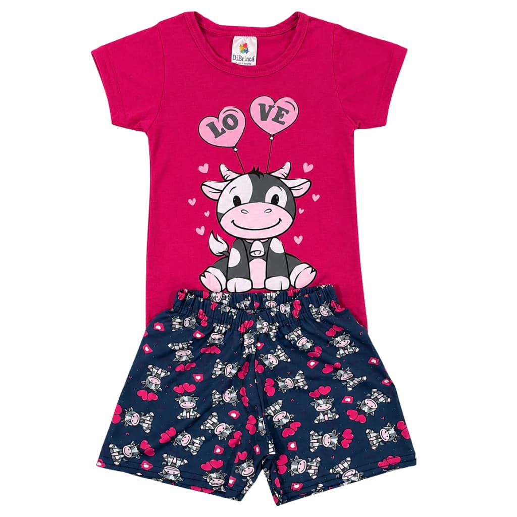 Conjunto Infantil Verão Menina Estampado Vaquinha Love Pink Premium Bebê Feminino
