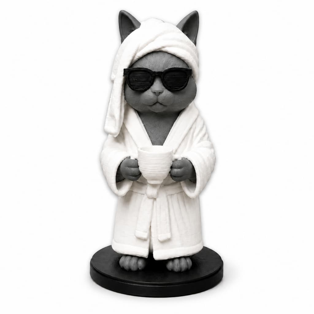 Miniatura Gato de Roupão 3D Decorativo | Estátua Gato Estiloso para Mesa e Presente