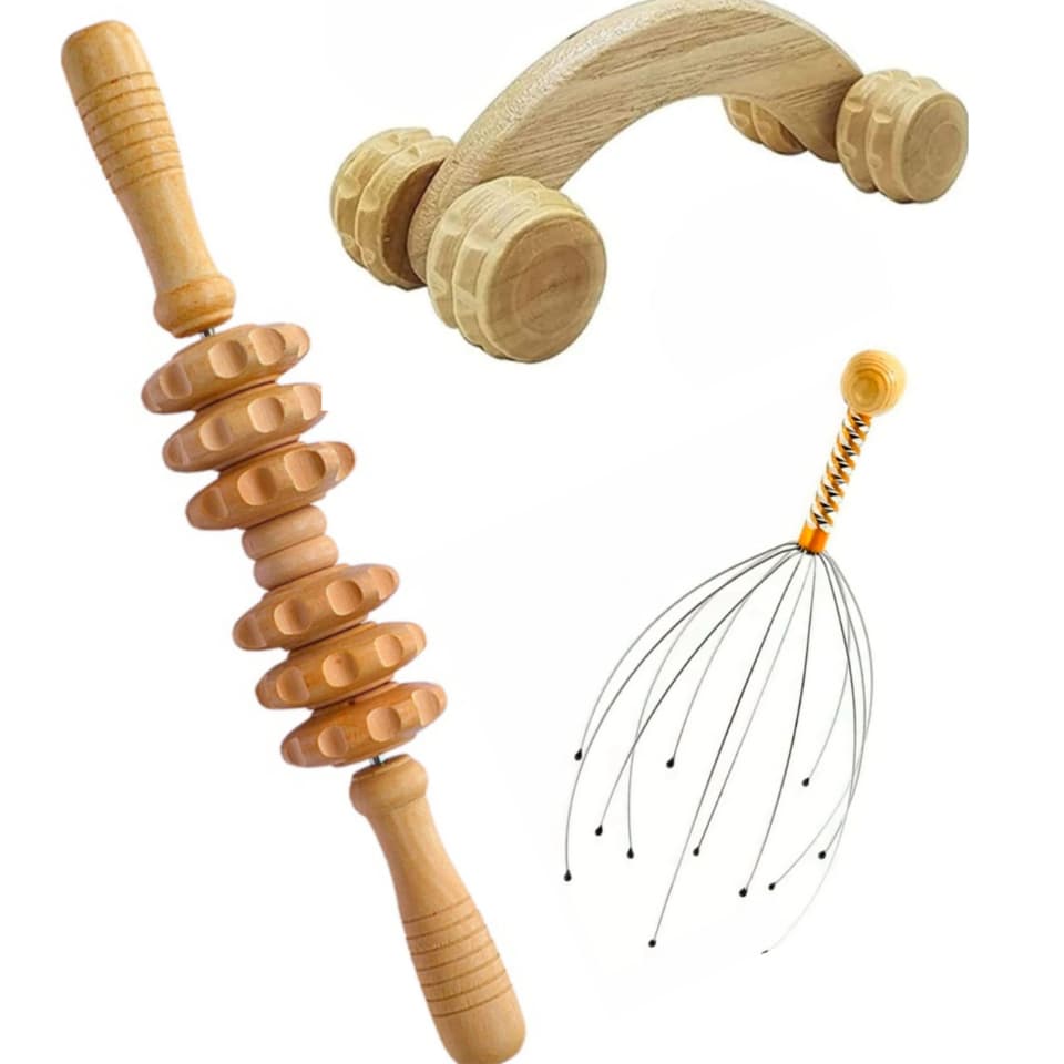 Kit Massagem Rolo Bastão Espiga Madeira Maderoterapia Corporal + Carrinho + Massageador de Cabeça