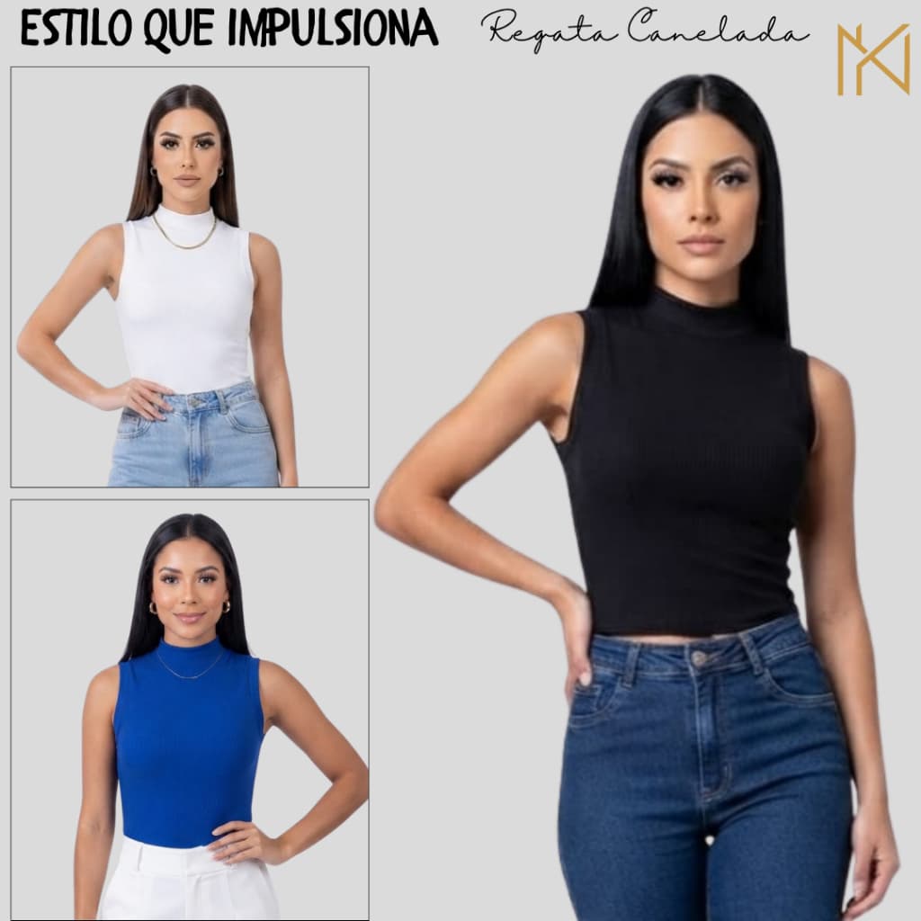 Blusa Regata Gola Alta Canelada Feminina Básica Poliamida sem Manga P ao GG NAYKLÊ