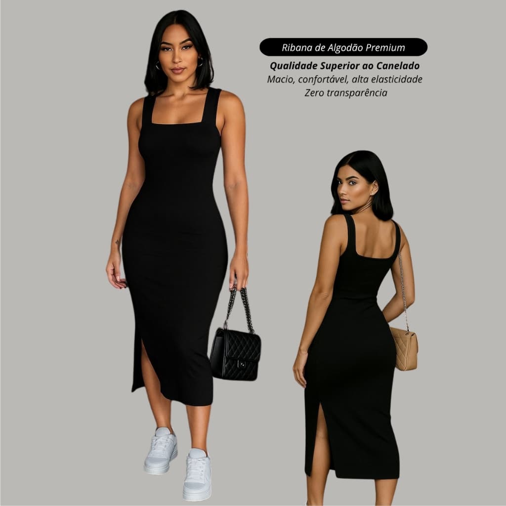 Vestido Longo com fenda lateral canelado ribana premium justo colado tendencia casual de festa