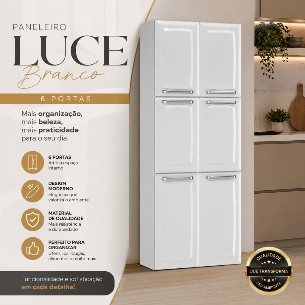 Paneleiro Luce Branco 6 Portas Armário de Cozinha Moderno e Resistente