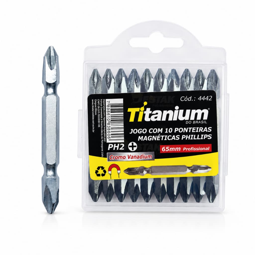 Jogo De Ponteiras Magnéticas Phillips PH2 65mm Titanium Com 10 Peças Para Parafusadeira