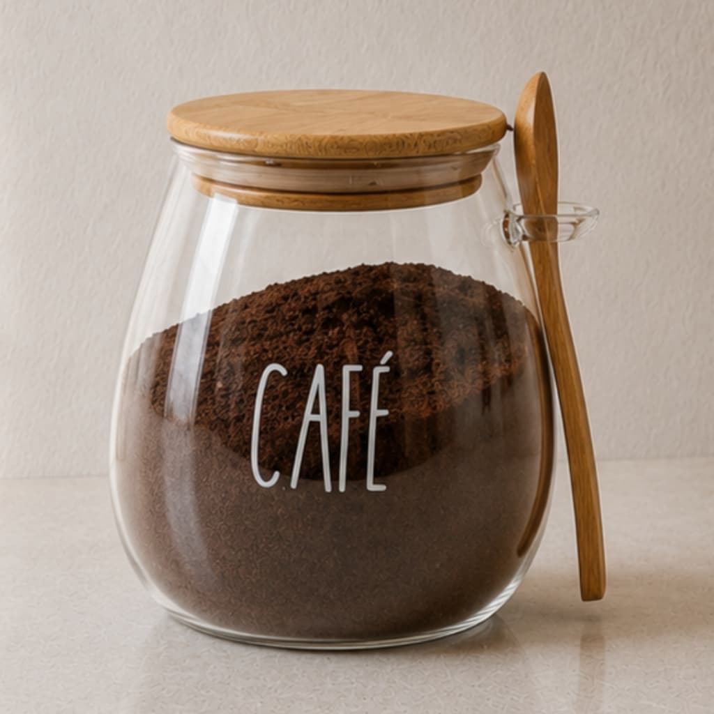 Pote hermético de vidro Bojudo Café c/ tampa e colher de bambu 650ml