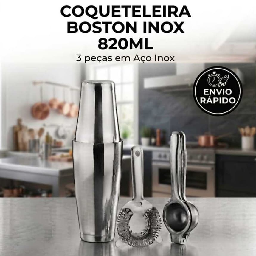 Coqueteleira BOSTON Inox 820ML 3 Peças Barman Drinks Festas Casa