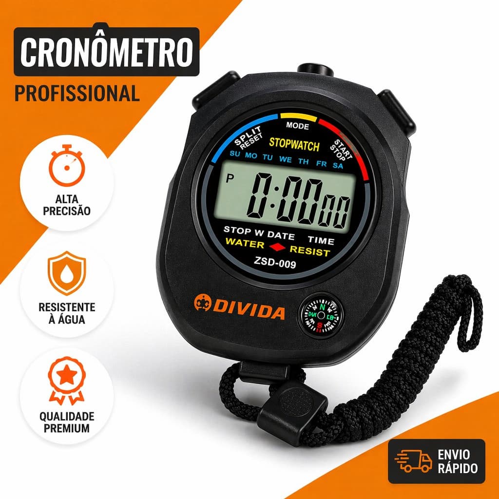 Cronômetro Digital Profissional 1/100s com Alarme Relógio Esportivo de Mão