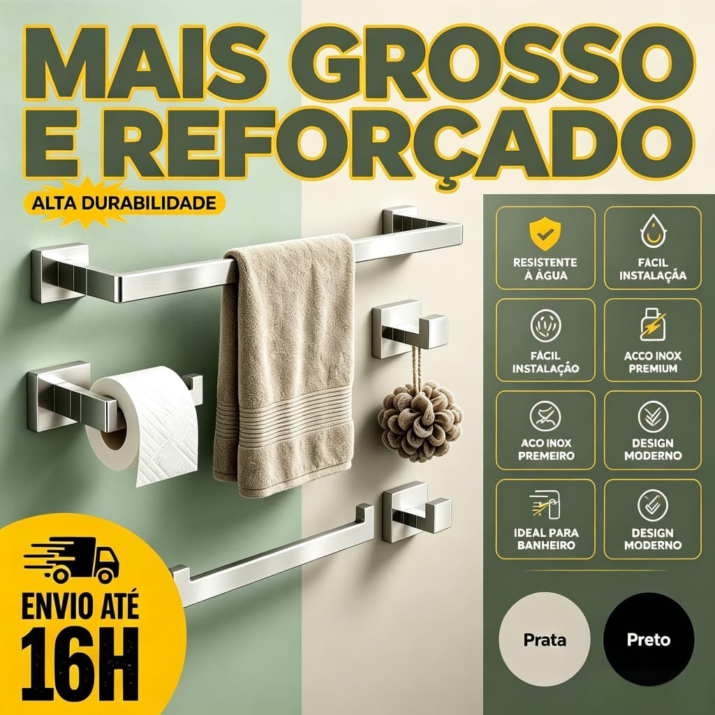 Kit 5 Peças Acessórios Banheiro Aço Inox 304 Luxo – Antiferrugem, Porta Toalha Reforçado, Acabamento Escovado S2
