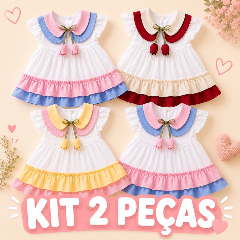 kit 2 Vestido Infantil Bebê Babados Vestido para meninas Premium Linho Vestido Baby Com Detalhe Em Flor