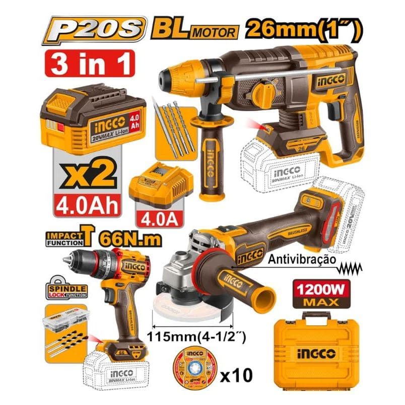 Kit Ferramentas Brushless Ingco 20v 3 Peças: Parafusadeira