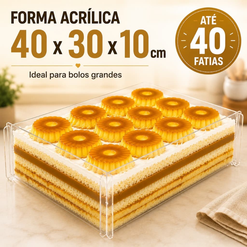 Forma Acrílica 40x30x10 cm para Bolo e Torta Salgada | Acrílico Cristal 3 mm | Laterais Removíveis