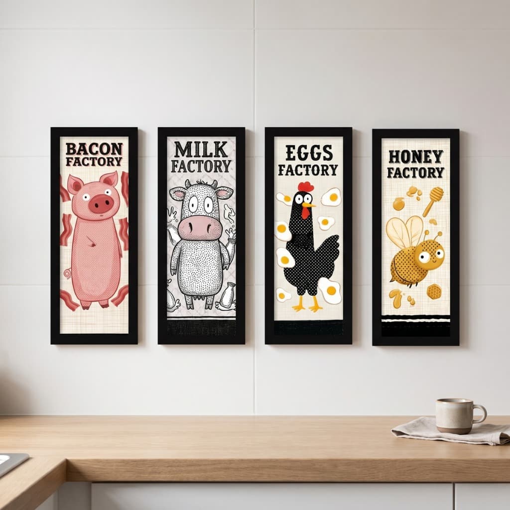 Kit 4 Quadros Cozinha Animais Engracados 18x45cm Com Vidro Moldura Madeira Fazenda Vaca Porco