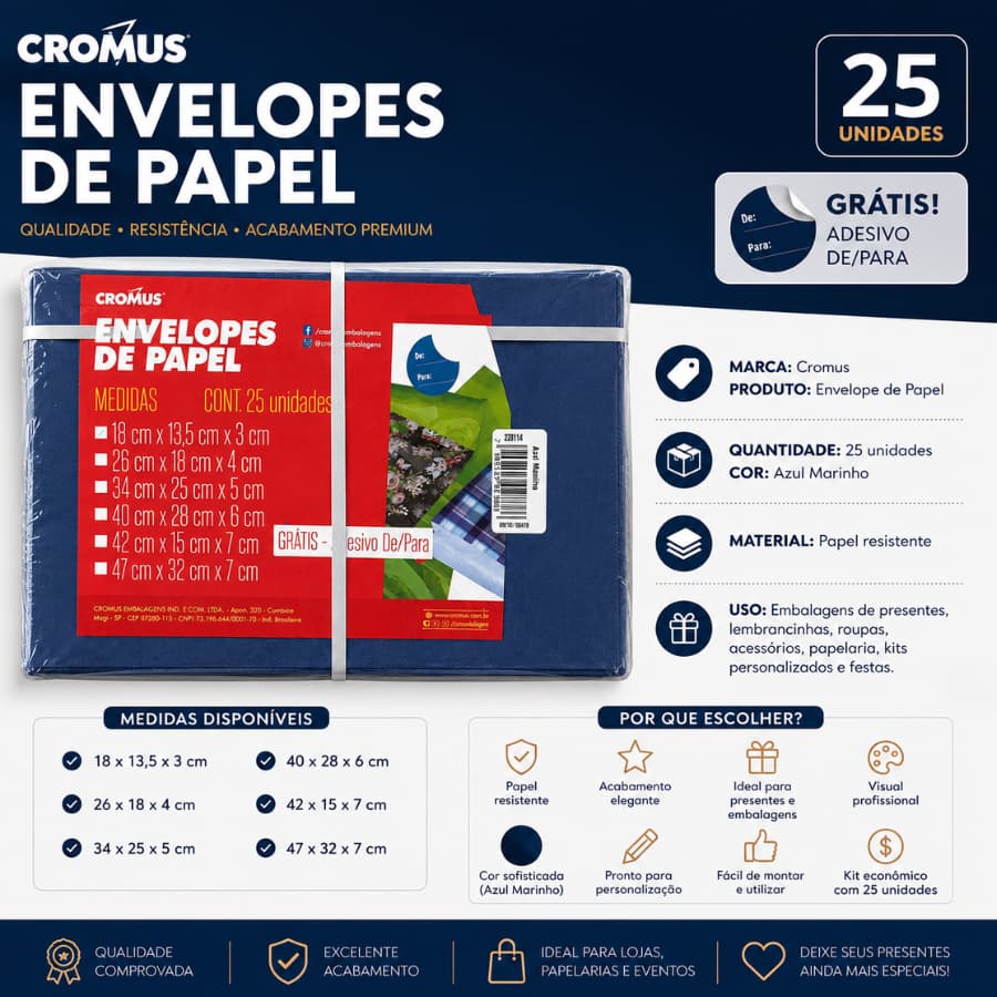 Envelope de Papel para Presente Azul Marinho 42x15x7 cm – Pacote com 25 Unidades Cromus