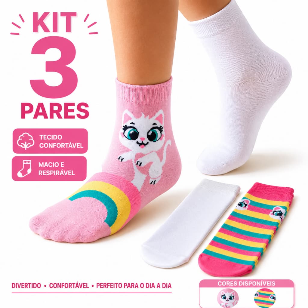 Kit 3 Pares Meias Teen Puket Cano Médio Algodão Kids Estampa Gatinha Conforto e Durabilidade Meninas