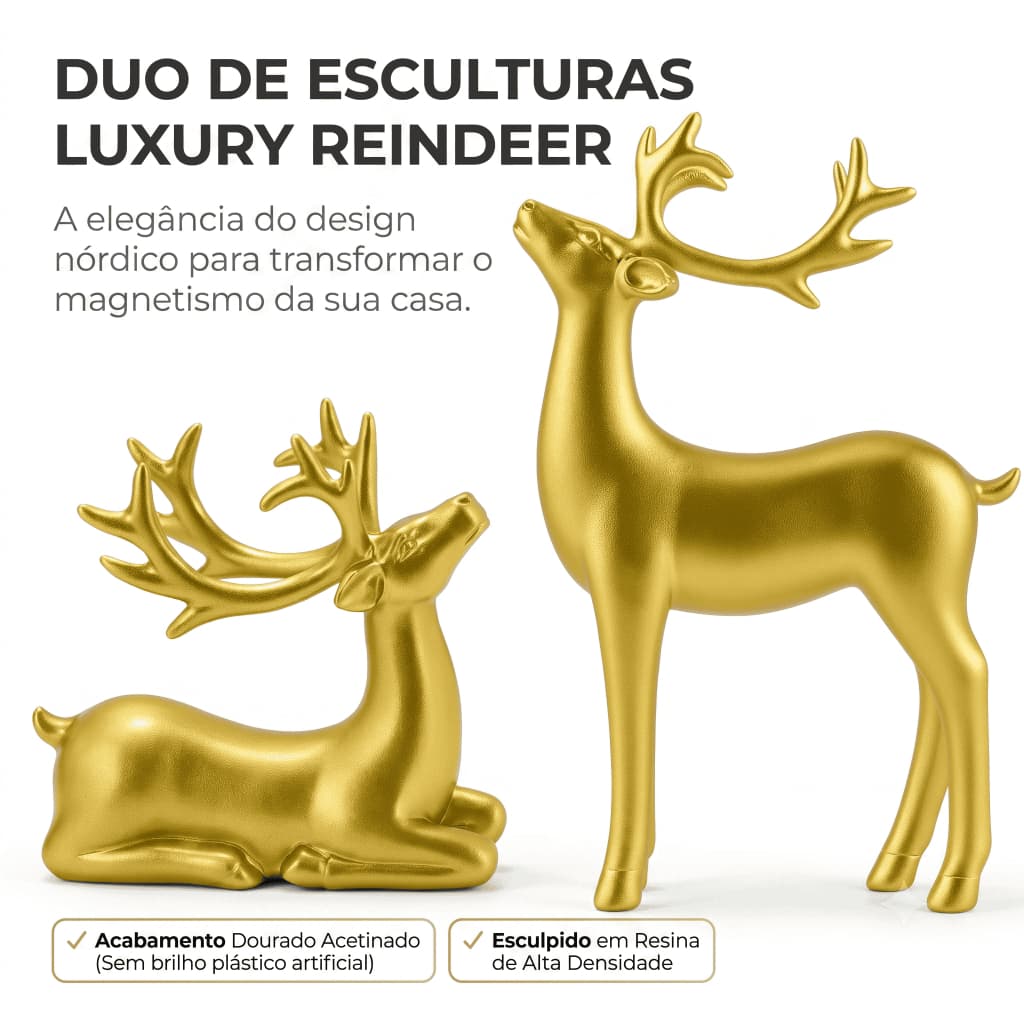Par Esculturas Cervos Decorativos Dourados Resina Rena Enfeite Natal Luxo