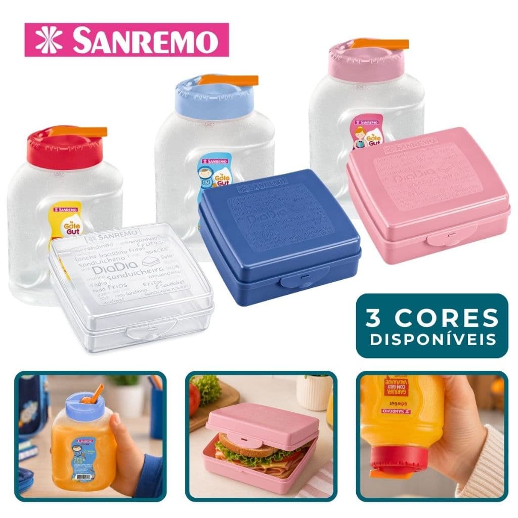 Kit Infantil Garrafinha e Sanduicheira Lancheira Escolar Menina Menino Sanremo Gole Gut 250ml