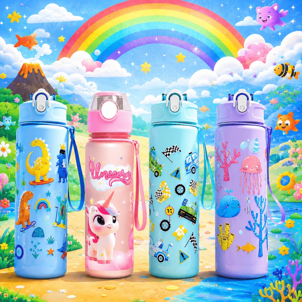 Kit Garrafa Infantil Plástico Ultra Resistente com Canudo de Silicone e Trava Segurança