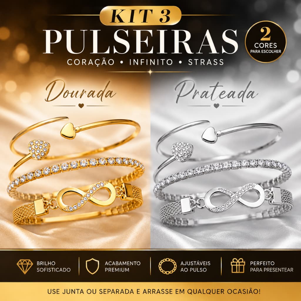 Kit 3 Pulseiras Femininas Coração Infinito Strass Ajustável Dourada ou Prateada Delicada Presente