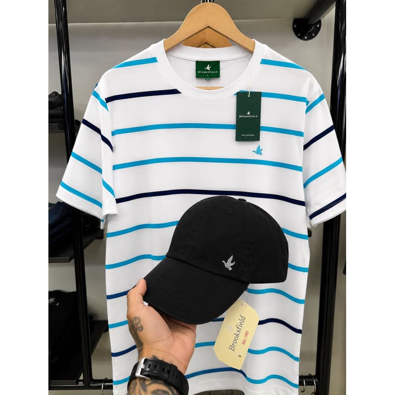 Kit Camiseta Listrada Masculina Premium + Boné Aba Curva Ajustável Casual Confortável