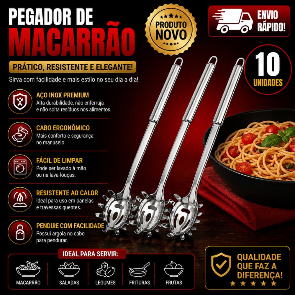 Kit10 e 5 Unidades Pegador De Massa Macarrão Inox Grande Utensilio De Cozinha 31,5 cm SQ 3723