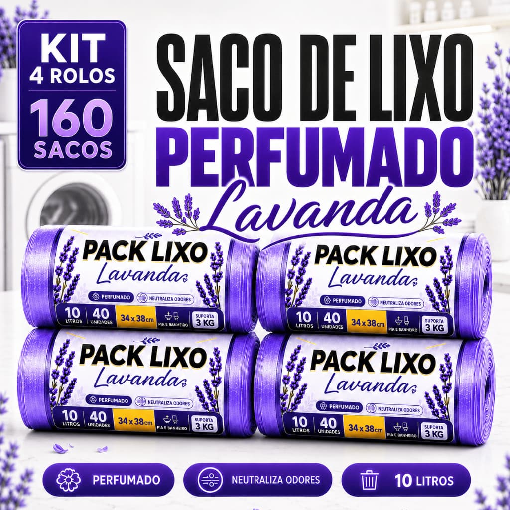 Kit 4 Rolos Saco de Lixo Perfumado Lavanda 10L 160 Sacos para Pia e Banheiro Neutraliza Maus Odores