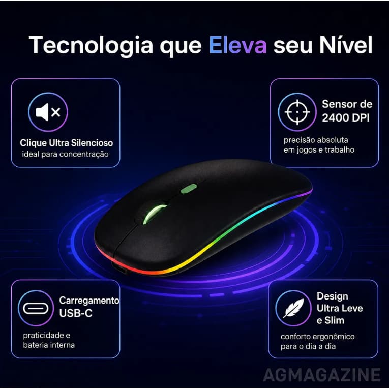Mouse Sem Fio Recarregável Wireles Sem Fio Optico Led Rgb Ergonômico