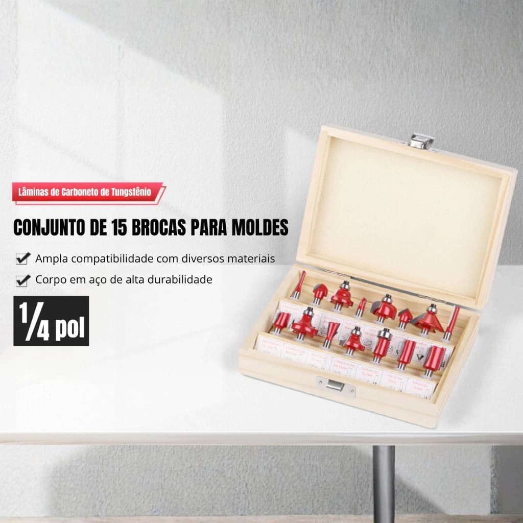 Jogo De 15 Fresas De Topo 6,35 mm Adequadas Para MDF e Madeira Com Caixa De Armazenamento.
