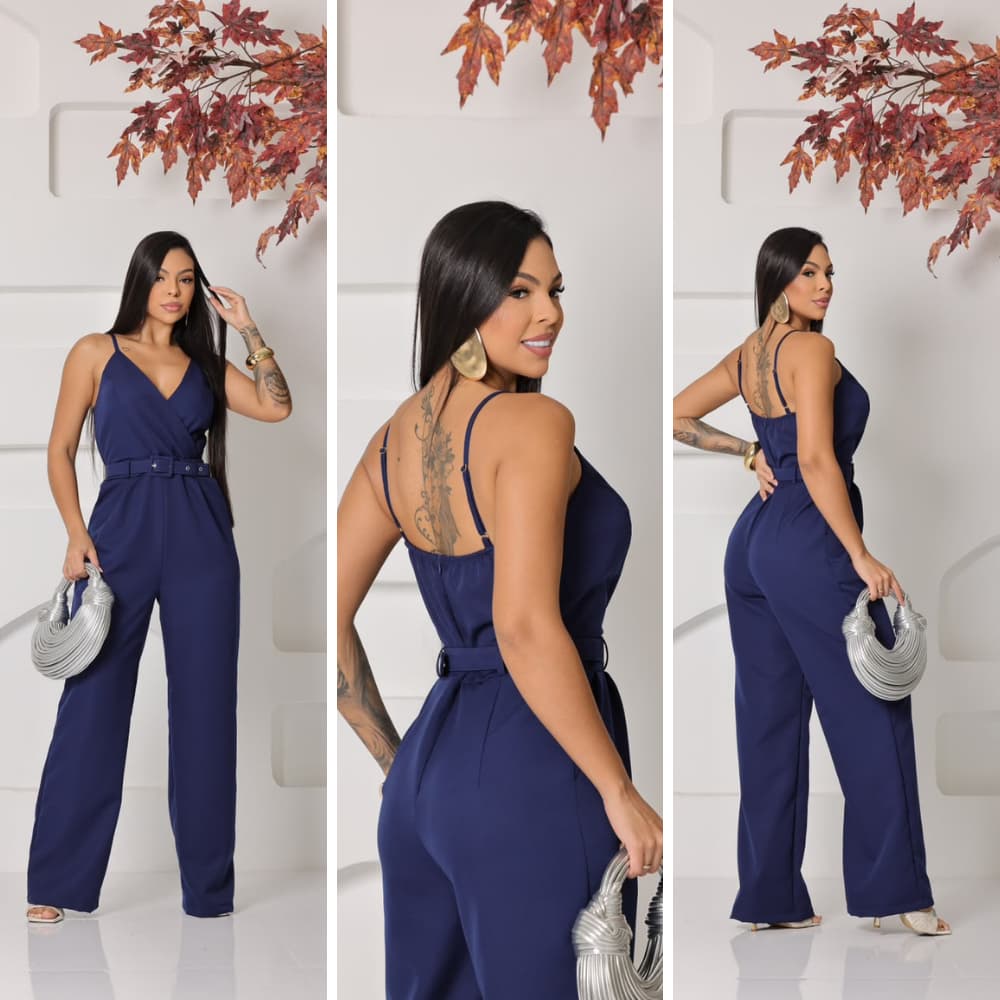 Macacão Feminino Pantalona Alfaiataria Cinto e Bolso – Estilo Elegante