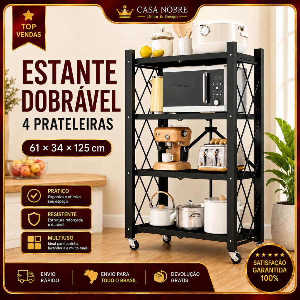 Estante Dobrável Organizadora de Cozinha 3 Ou 4 Andares, Estrutura Metálica Resistente Com Rodas Silenciosas