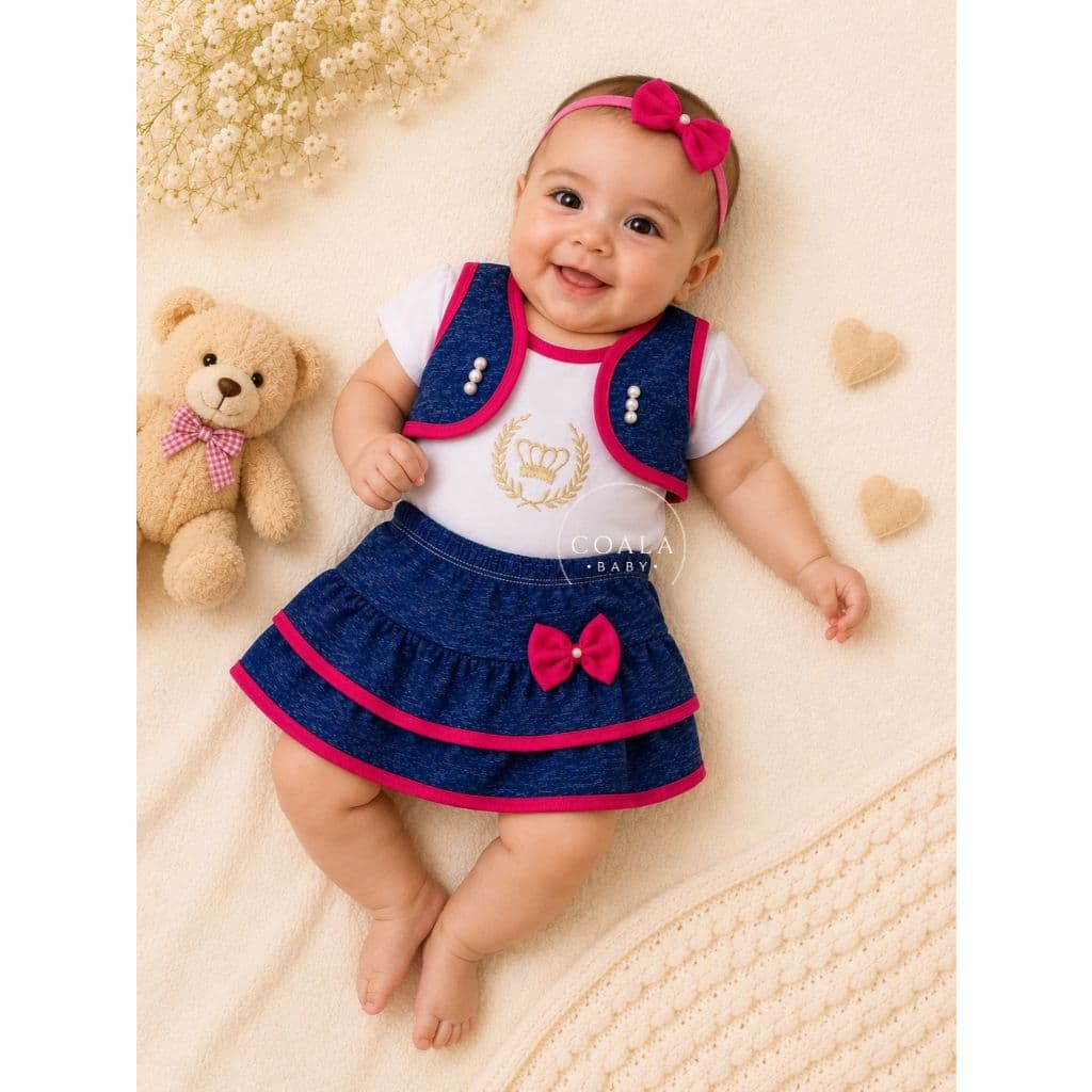 Conjunto 3 Peças Camisa + Bolero + Saia Estilo Jeans