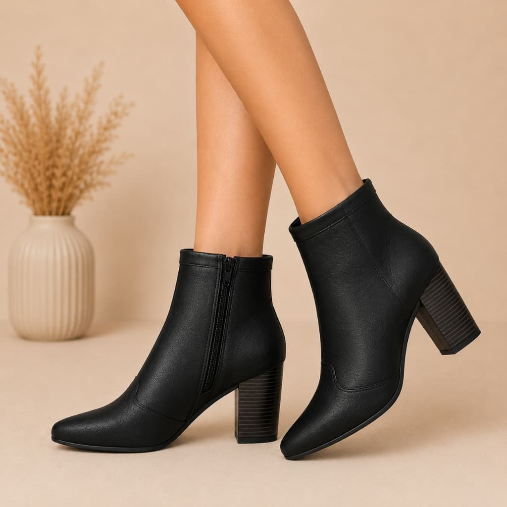 Bota Feminina Cano Curto Bico Fino Salto Grosso Confortável Zíper Lateral Napa Macia Casual Elegante