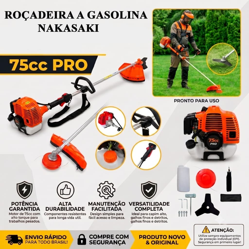 Roçadeira Lateral 75cc Nakasaki Completa Cabo Bi-Partido Uso Profissional e Residencial