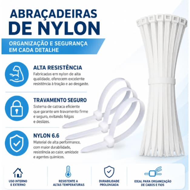 Conjunto 100 Unidades de Abraçadeiras Plásticas Nylon Branca Tamanhos diferentes Para Escolha Organização
