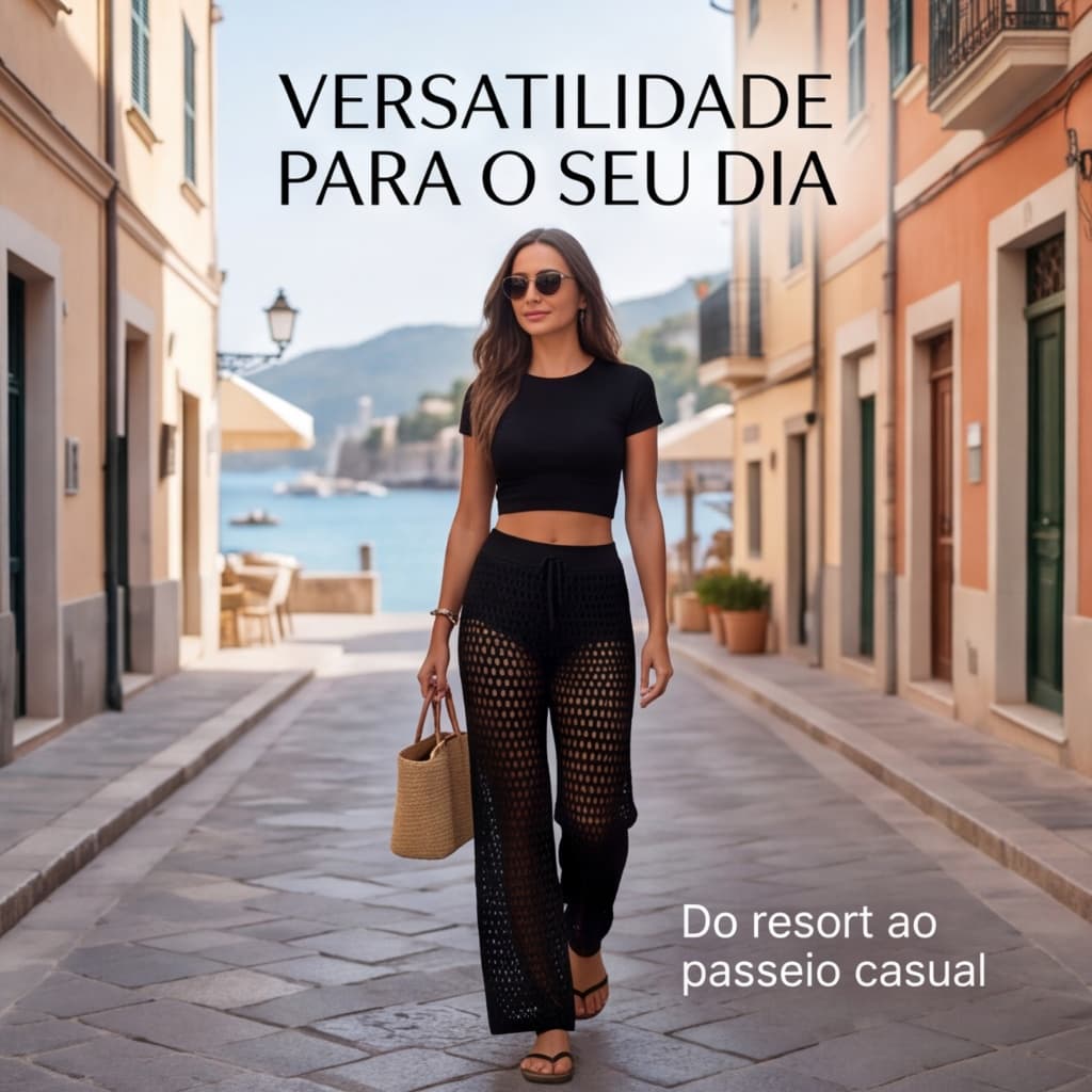 Calça Feminina de Tricot Pantalona Vazada com Cordão Cintura Alta Moda