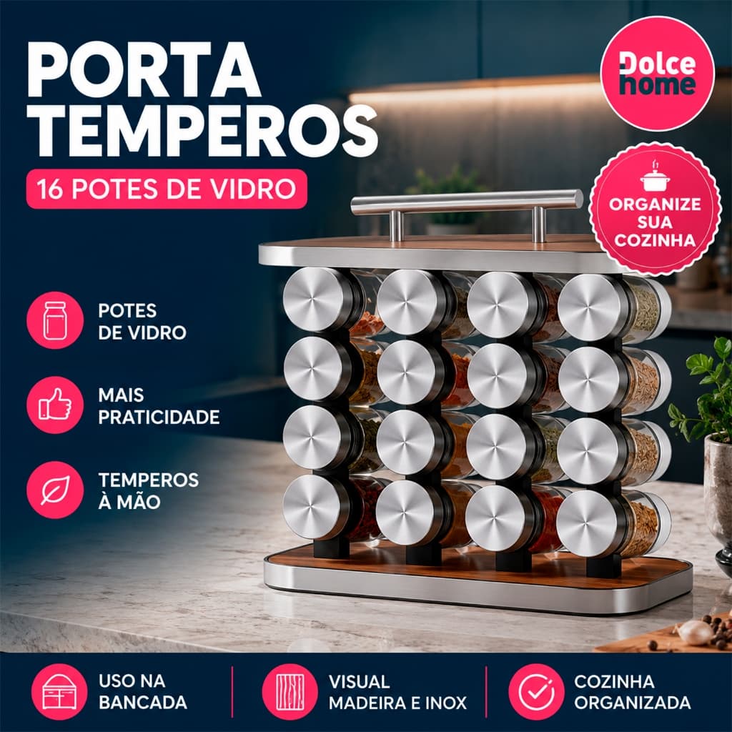 Porta Temperos 16 Potes de Vidro Suporte Madeira e Inox Organizador Condimentos Cozinha