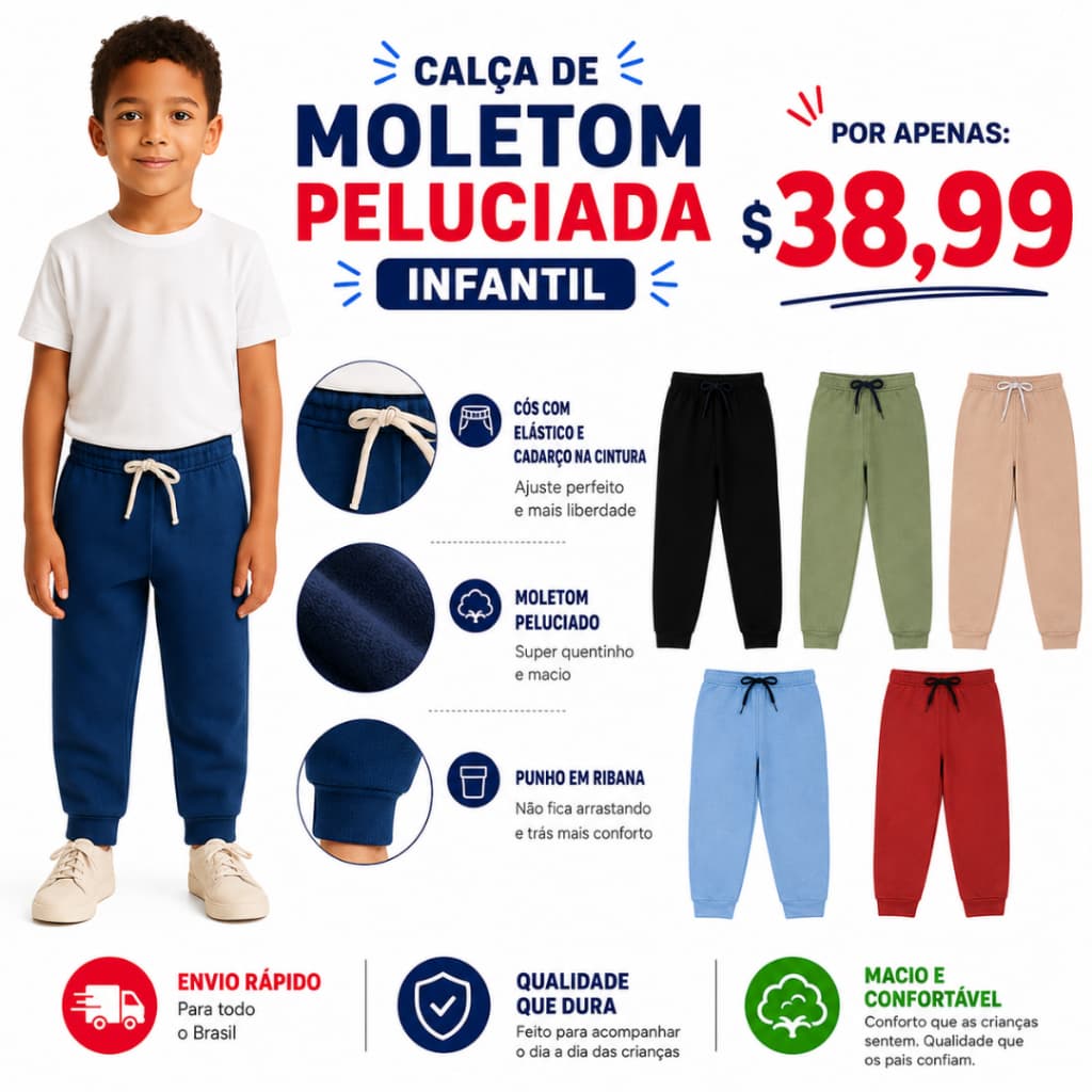 Kit 3 Calças de Moletom Peluciado Infantil Menino Inverno 2 ao 10 anos