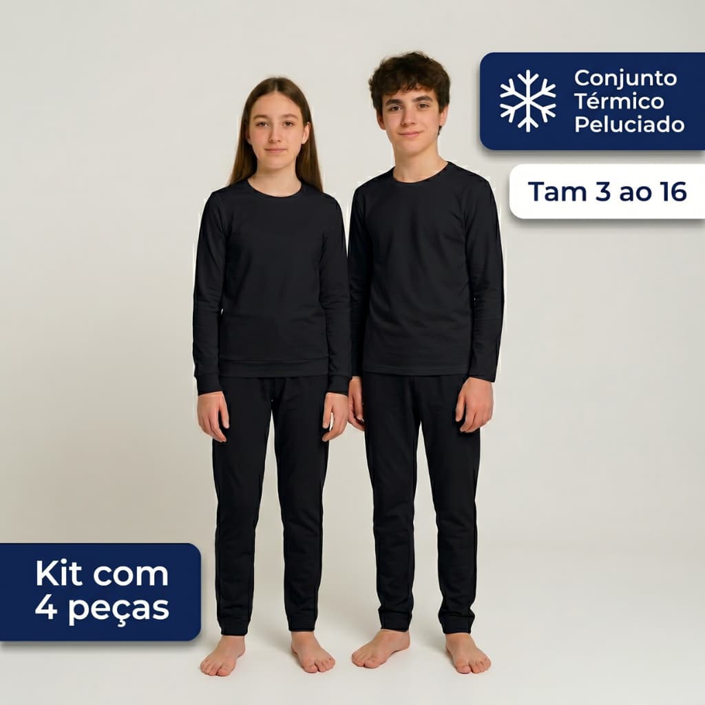 Kit 2 Conjunto Termico Inverno Peluciado Tam 3 ao 16 Juvenil Unissex 4 Peças Inverno