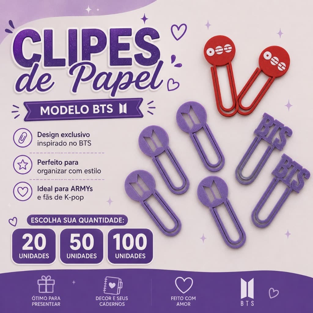 20 50 100 Clips de Papel BTS Roxo | Marcador de Página | Impressão 3D | Kit Papelaria K-pop