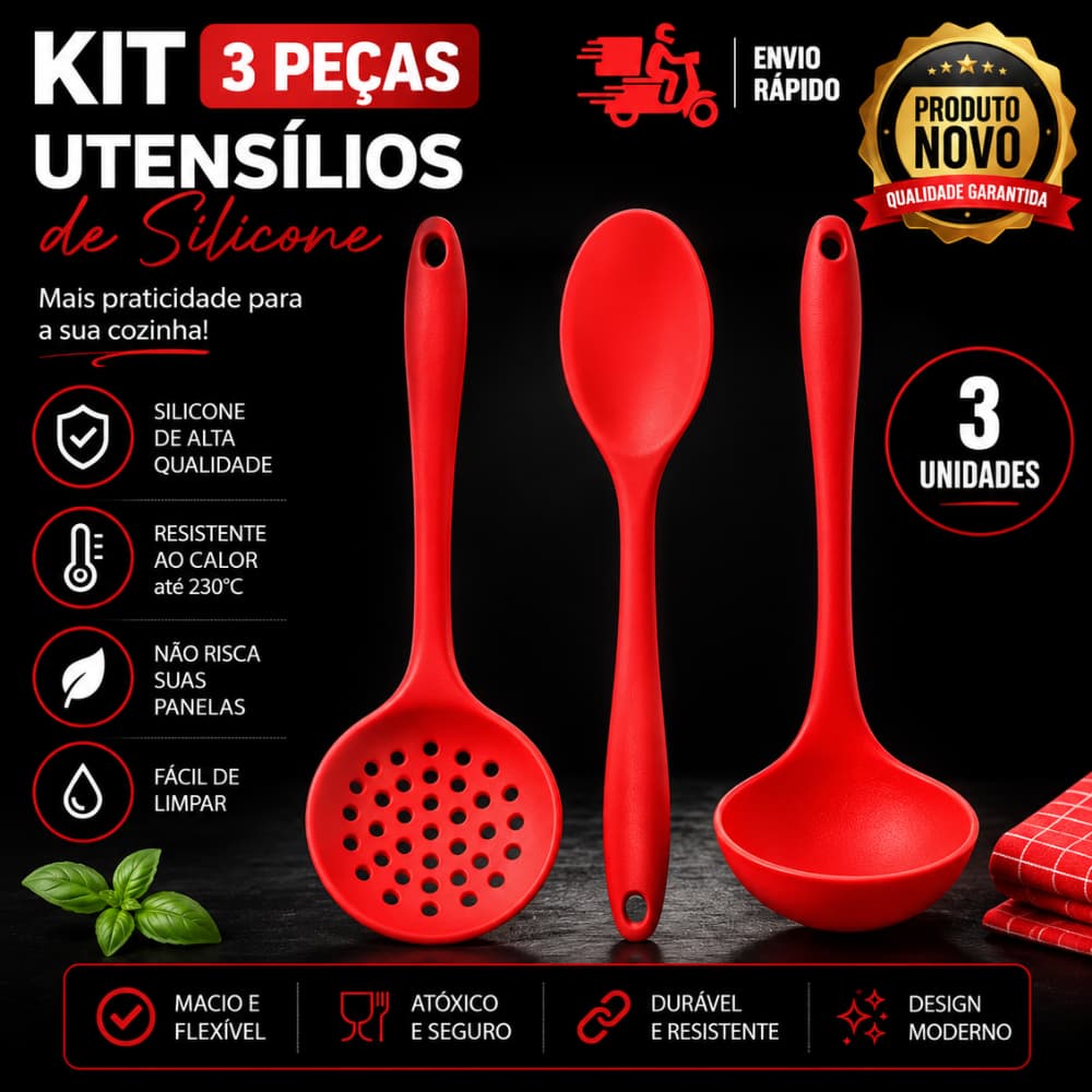 Kit 3 Utensílios de Silicone - Escumadeira, Concha e Colher de Cabo Longo, Práticos e Resistente