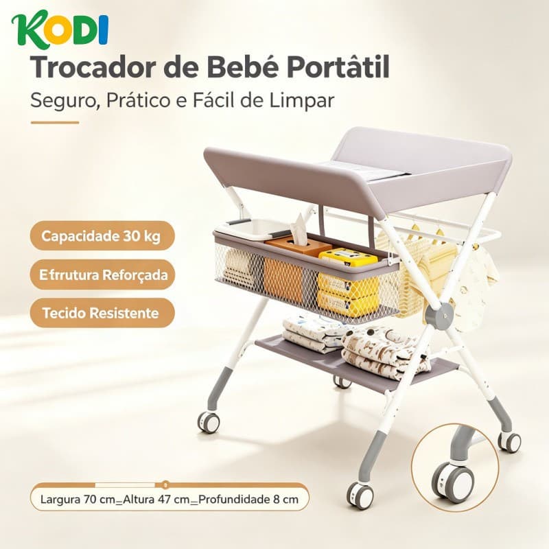 Trocador de Fraldas com Rodas e Altura Regulável | Estrutura Metálica, Suporta 30kg - P17