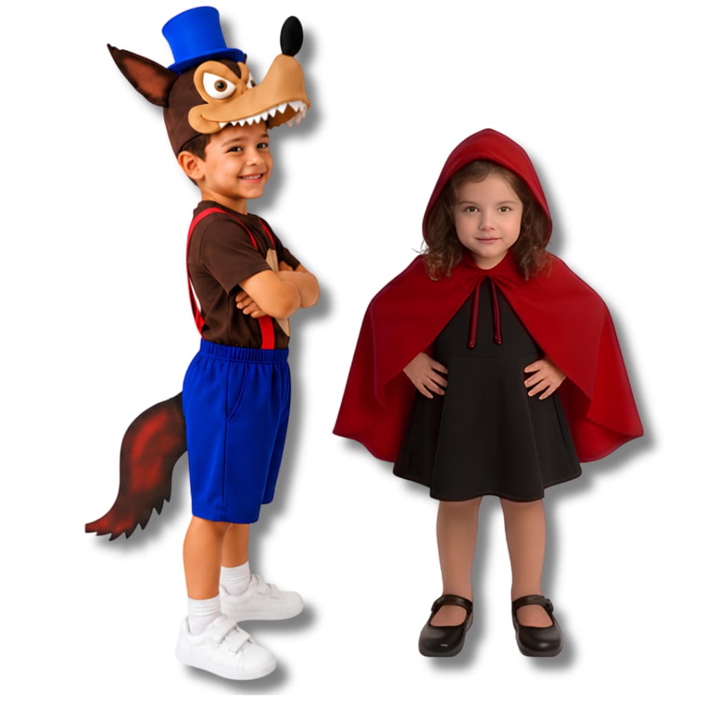 Fantasia Infantil Lobo Mau Completa + Capa Chapeuzinho Vermelho Kit Casal Festa Fantasia Carnaval Teatro Criança