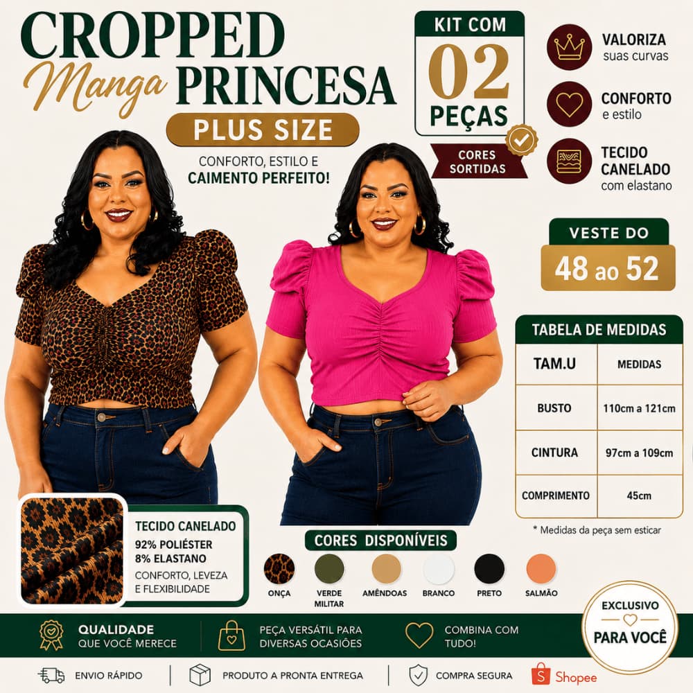 Kit 2 Blusa feminina plus size Cropped manga curta malha canelada blusinha plus manga princesa